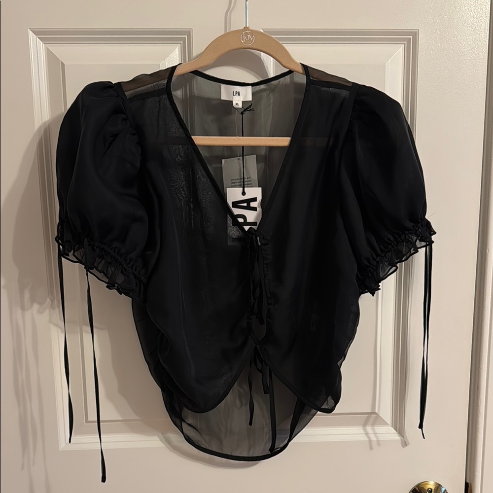 LPA Black Puff Sleeve Tie Front Blouse